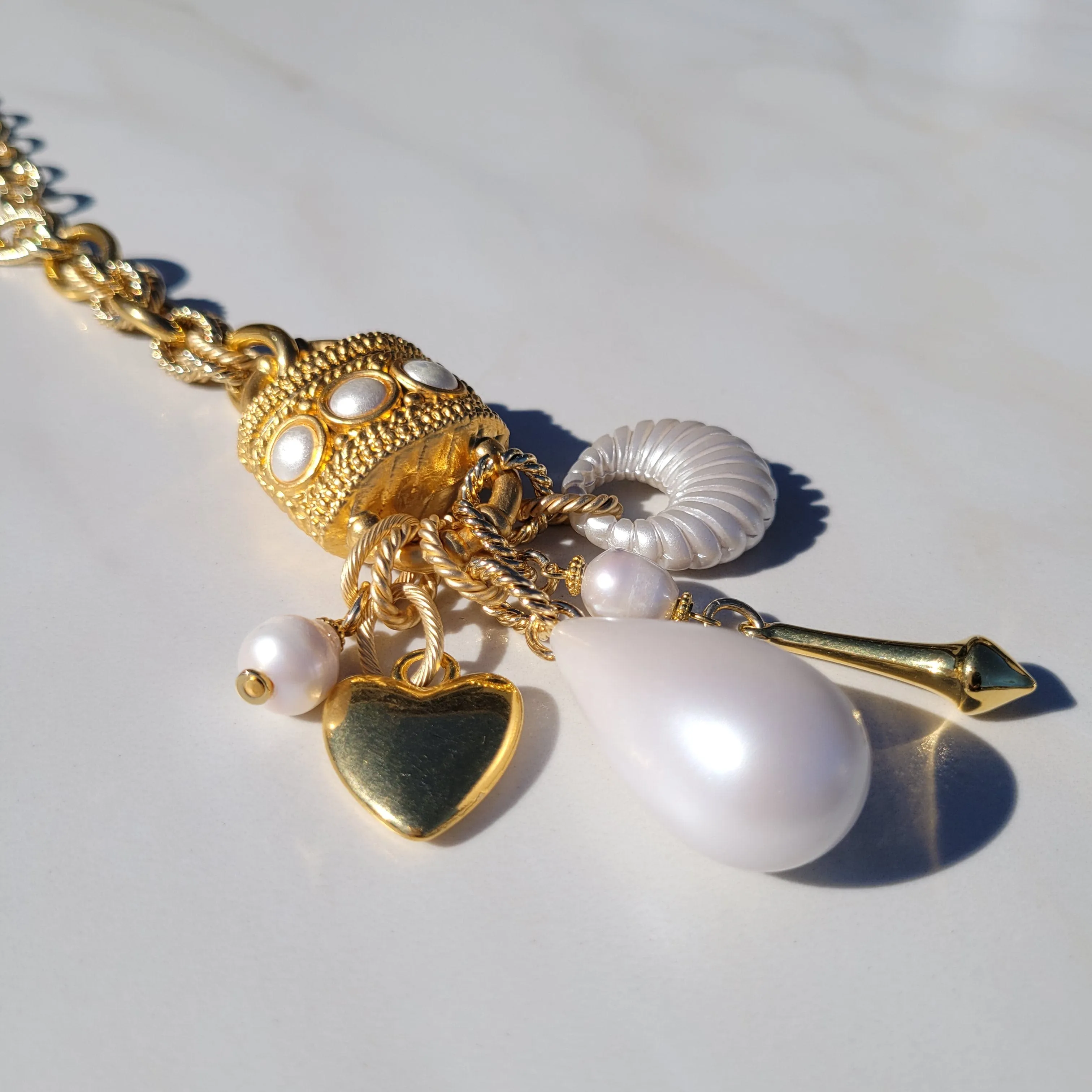 Sylvie Gabrielli My Heart Under Lock and Key Necklace with Vintage Elements and Freshwater Pearls, Handmade Women's Necklace