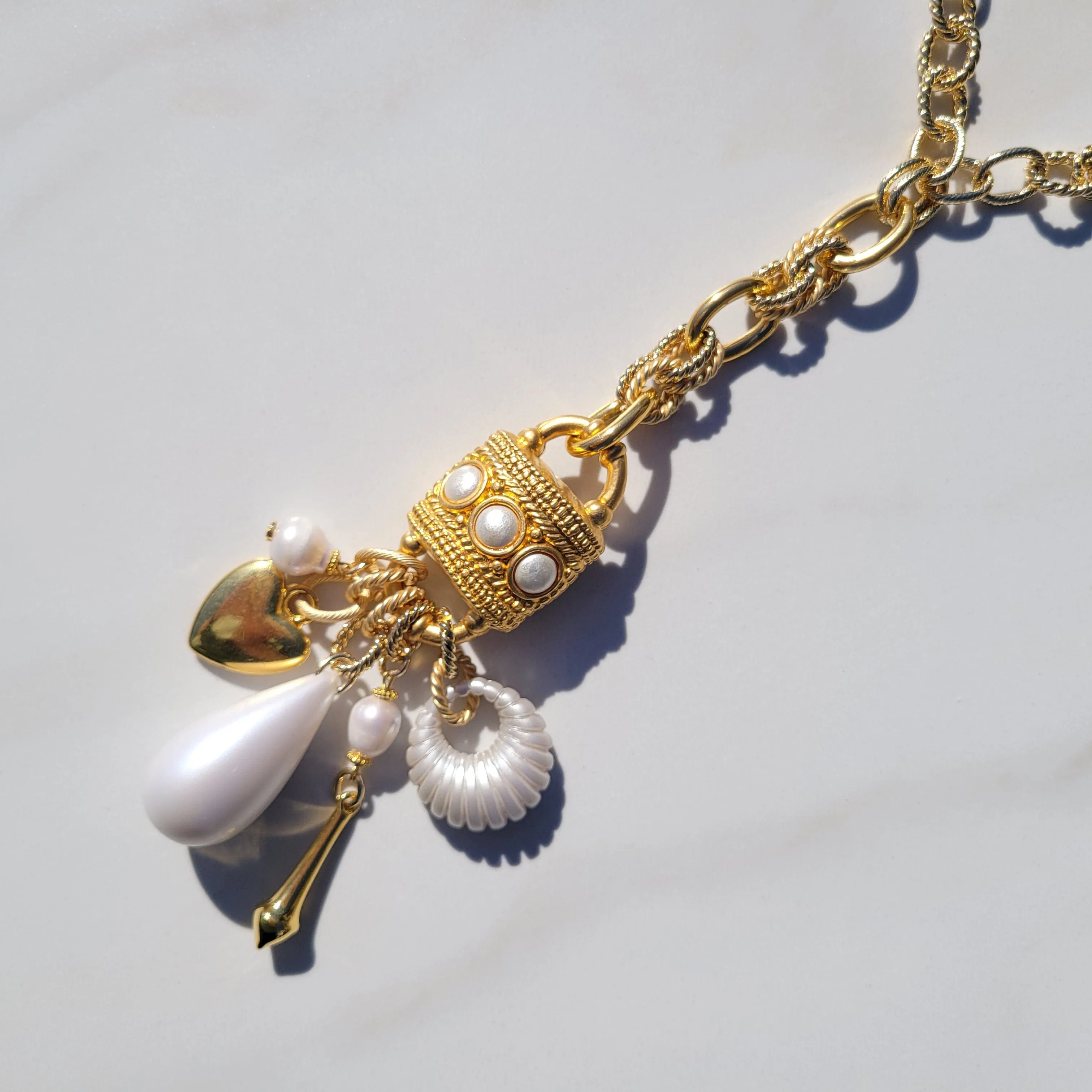 Sylvie Gabrielli My Heart Under Lock and Key Necklace with Vintage Elements and Freshwater Pearls, Handmade Women's Necklace