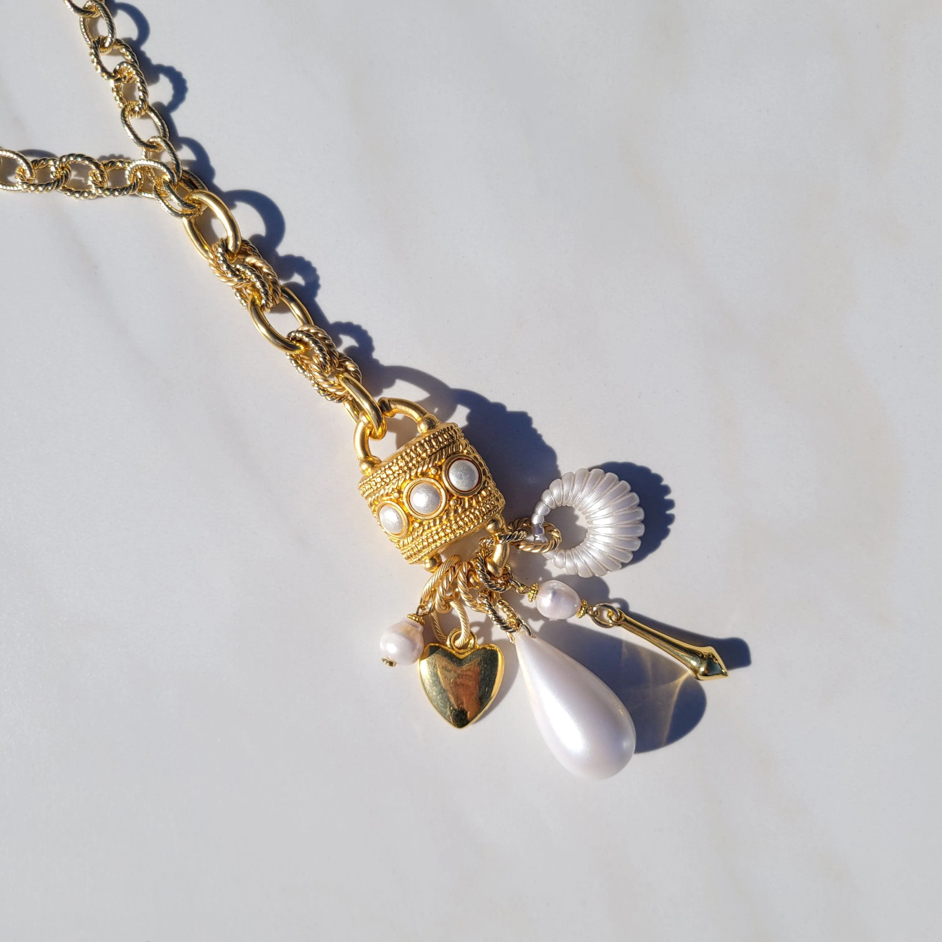 Sylvie Gabrielli My Heart Under Lock and Key Necklace with Vintage Elements and Freshwater Pearls, Handmade Women's Necklace