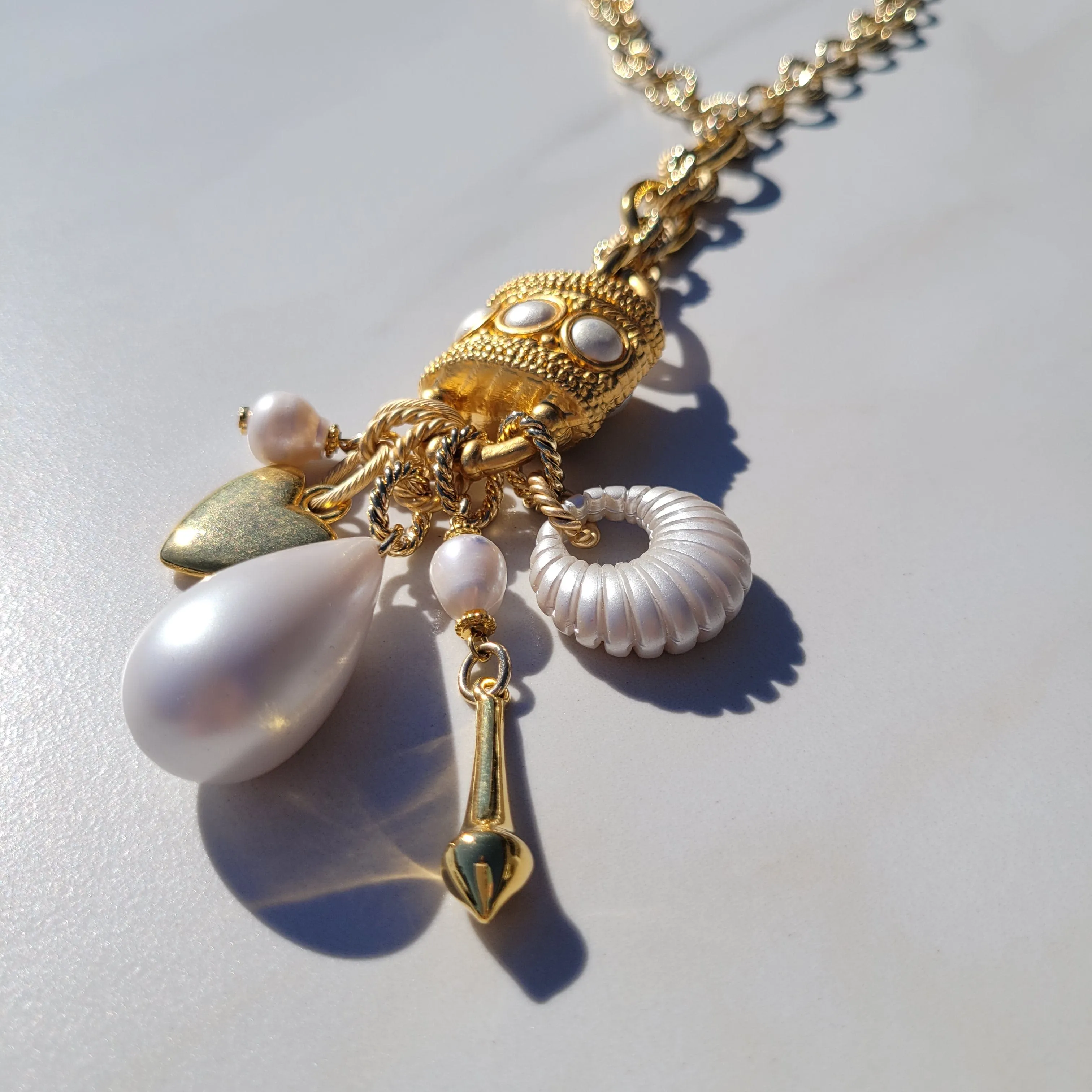 Sylvie Gabrielli My Heart Under Lock and Key Necklace with Vintage Elements and Freshwater Pearls, Handmade Women's Necklace