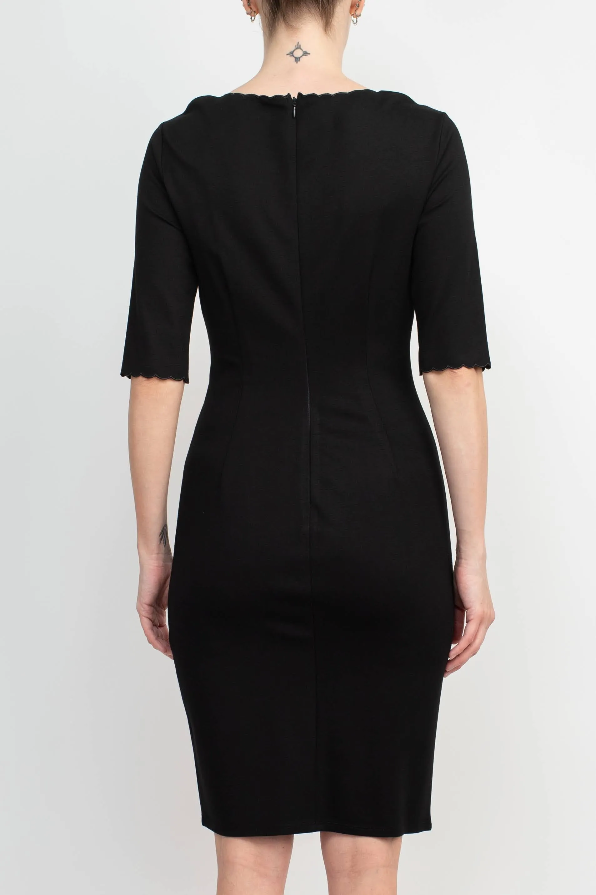 T Tahari Scalloped V-Neck 3/4 Sleeve Embroidery Zipper Back Solid Short Scuba Dress