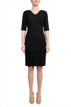 T Tahari Scalloped V-Neck 3/4 Sleeve Embroidery Zipper Back Solid Short Scuba Dress