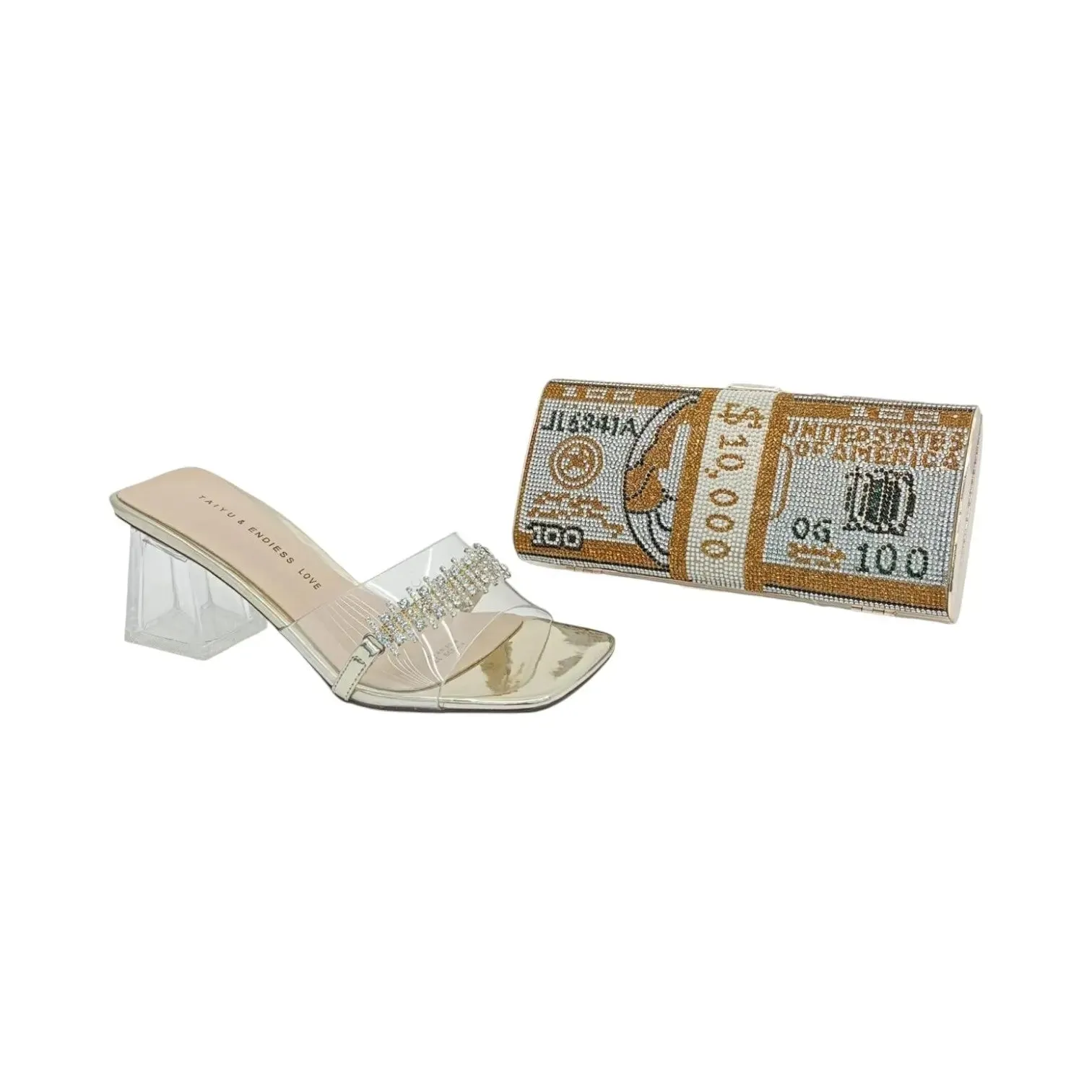 Taiyu Endless Love Clear Rhinestone Heels and Money Clutch Purse Set