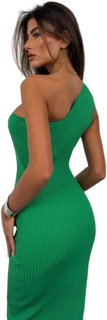 TIAMO Womens One-Shoulder Bodycon Midi Dress, Stretch Fitted for Wedding Guest, Date Night & Day to Evening Chic