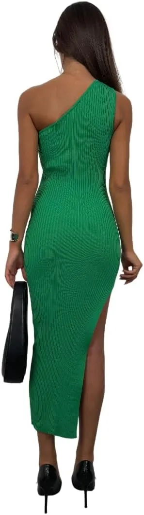 TIAMO Womens One-Shoulder Bodycon Midi Dress, Stretch Fitted for Wedding Guest, Date Night & Day to Evening Chic
