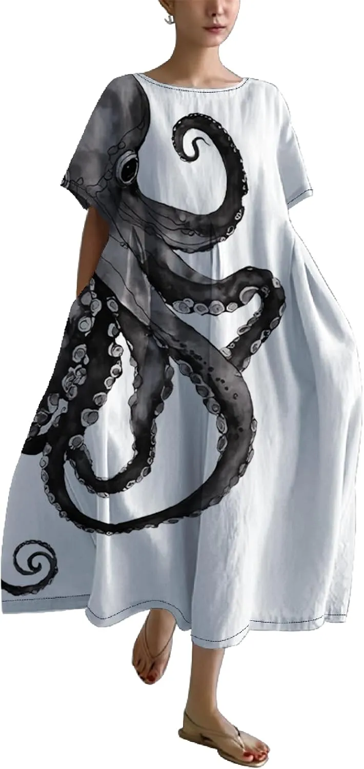 Trendy Octopus Maxi Summer Dress for Women Japanese Tentacle Printed Art Design Casual Crew Neck Dress