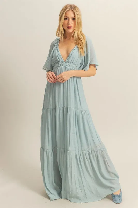 V-Neck Flowy Sleeves Tiered Maxi Dress