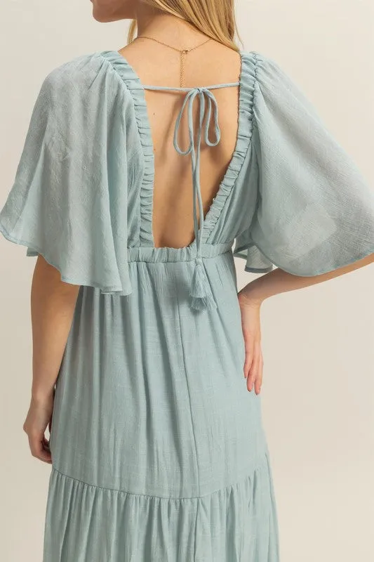 V-Neck Flowy Sleeves Tiered Maxi Dress