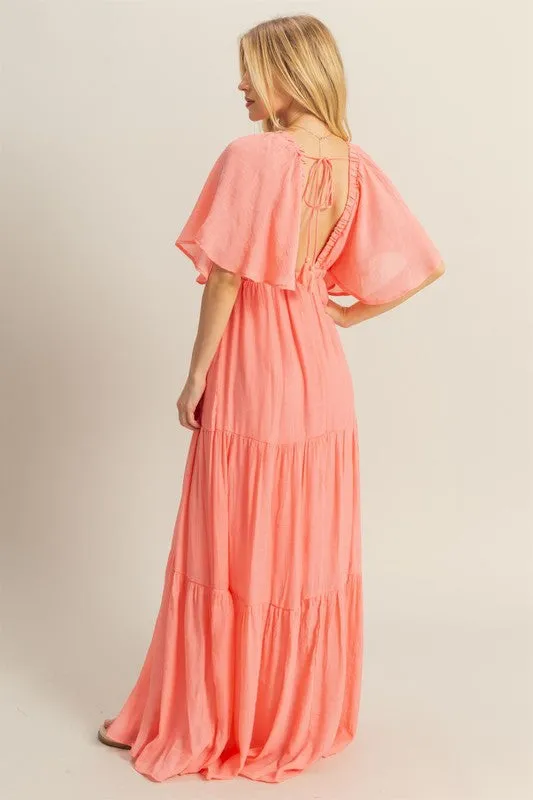 V-Neck Flowy Sleeves Tiered Maxi Dress