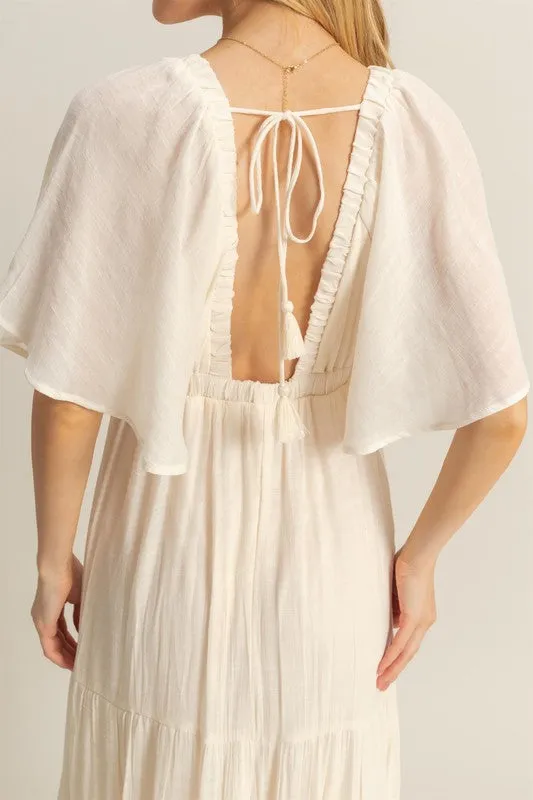 V-Neck Flowy Sleeves Tiered Maxi Dress