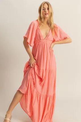 V-Neck Flowy Sleeves Tiered Maxi Dress