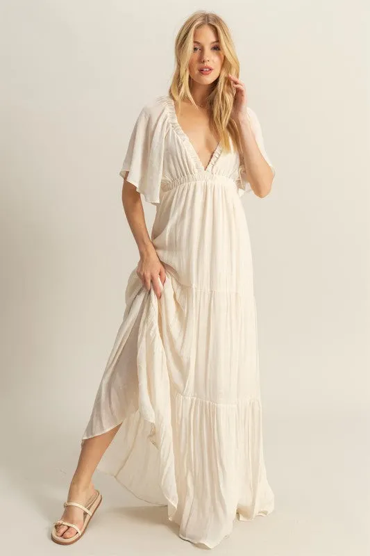 V-Neck Flowy Sleeves Tiered Maxi Dress