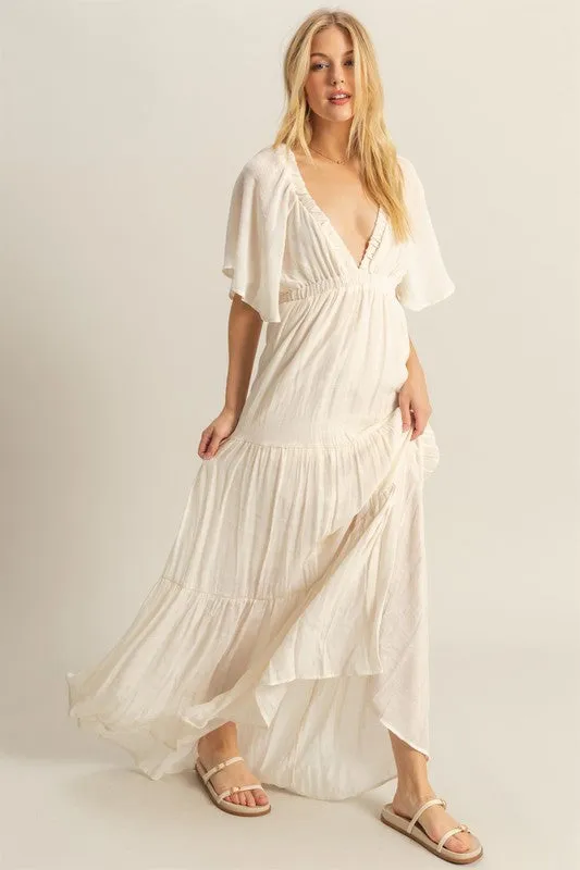 V-Neck Flowy Sleeves Tiered Maxi Dress