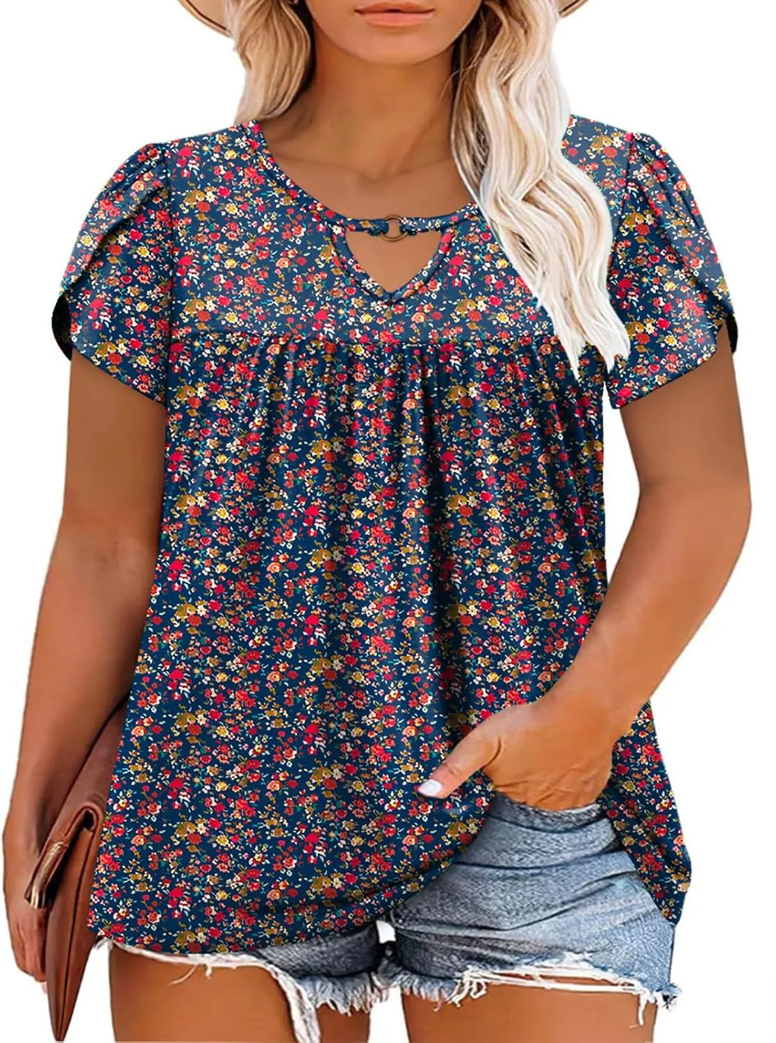 VISLILY Womens-Plus-Size-Summer-Tops Chic Keyhole V Neck T Shirts Cute Petal Short Sleeve Blouses Flowy Pleated Tunics XL-5XL