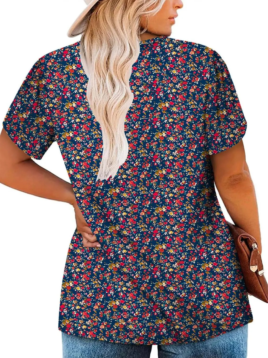 VISLILY Womens-Plus-Size-Summer-Tops Chic Keyhole V Neck T Shirts Cute Petal Short Sleeve Blouses Flowy Pleated Tunics XL-5XL