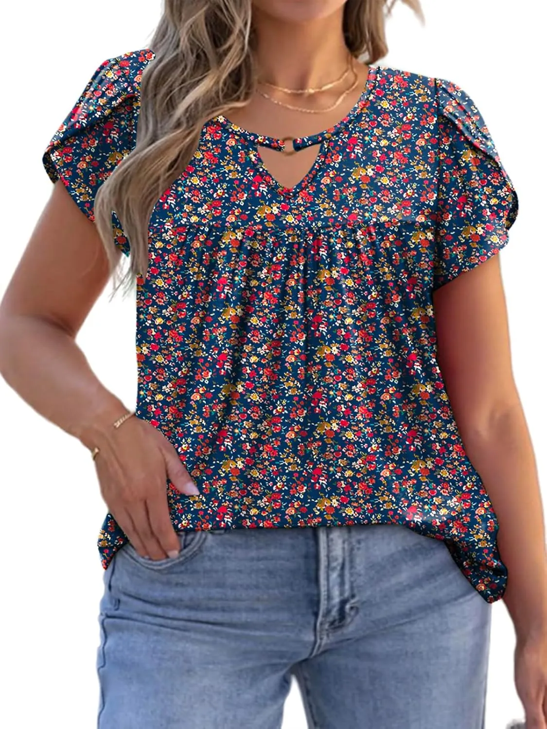 VISLILY Womens-Plus-Size-Summer-Tops Chic Keyhole V Neck T Shirts Cute Petal Short Sleeve Blouses Flowy Pleated Tunics XL-5XL