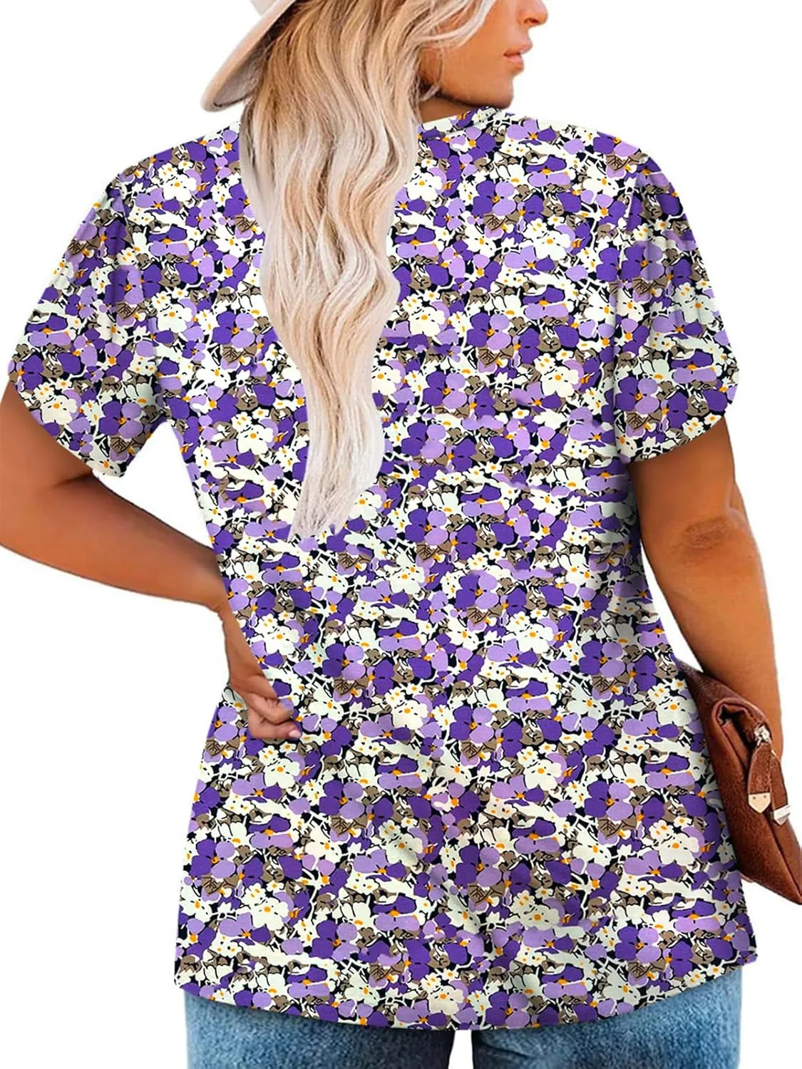 VISLILY Womens-Plus-Size-Summer-Tops Chic Keyhole V Neck T Shirts Cute Petal Short Sleeve Blouses Flowy Pleated Tunics XL-5XL