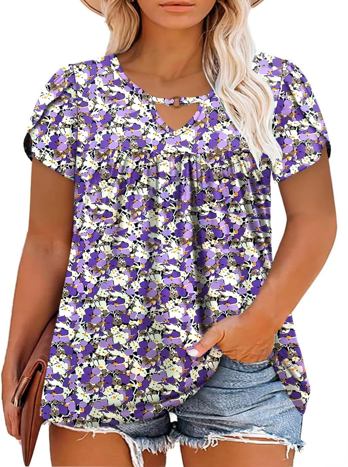 VISLILY Womens-Plus-Size-Summer-Tops Chic Keyhole V Neck T Shirts Cute Petal Short Sleeve Blouses Flowy Pleated Tunics XL-5XL
