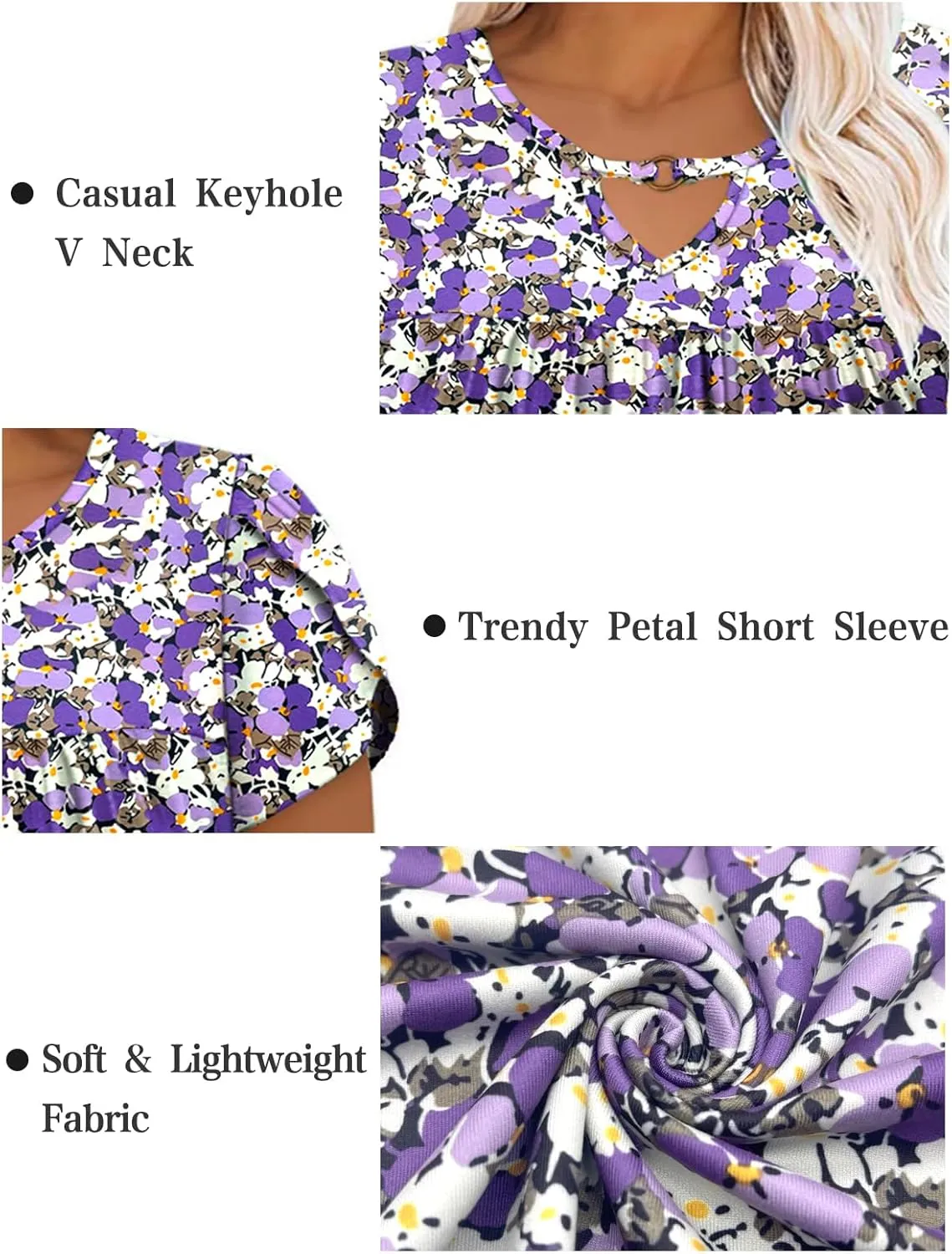 VISLILY Womens-Plus-Size-Summer-Tops Chic Keyhole V Neck T Shirts Cute Petal Short Sleeve Blouses Flowy Pleated Tunics XL-5XL