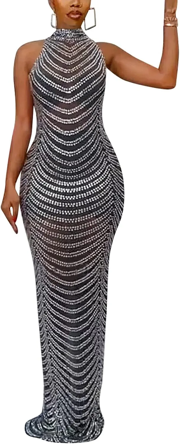 WOKANSE Women Sexy Halter Neck Sleeveless Rhinestone Bodycon Club Backless Maxi Pencil Dress