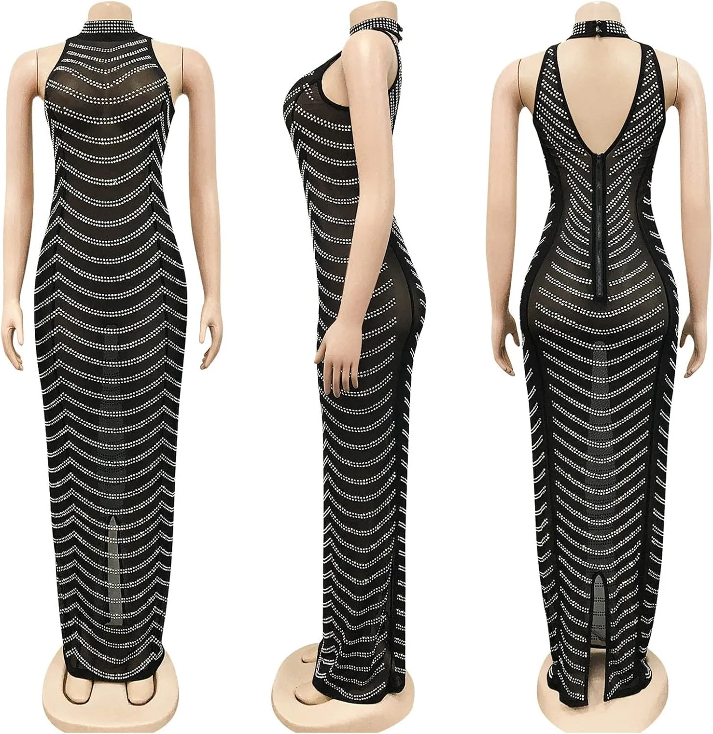 WOKANSE Women Sexy Halter Neck Sleeveless Rhinestone Bodycon Club Backless Maxi Pencil Dress