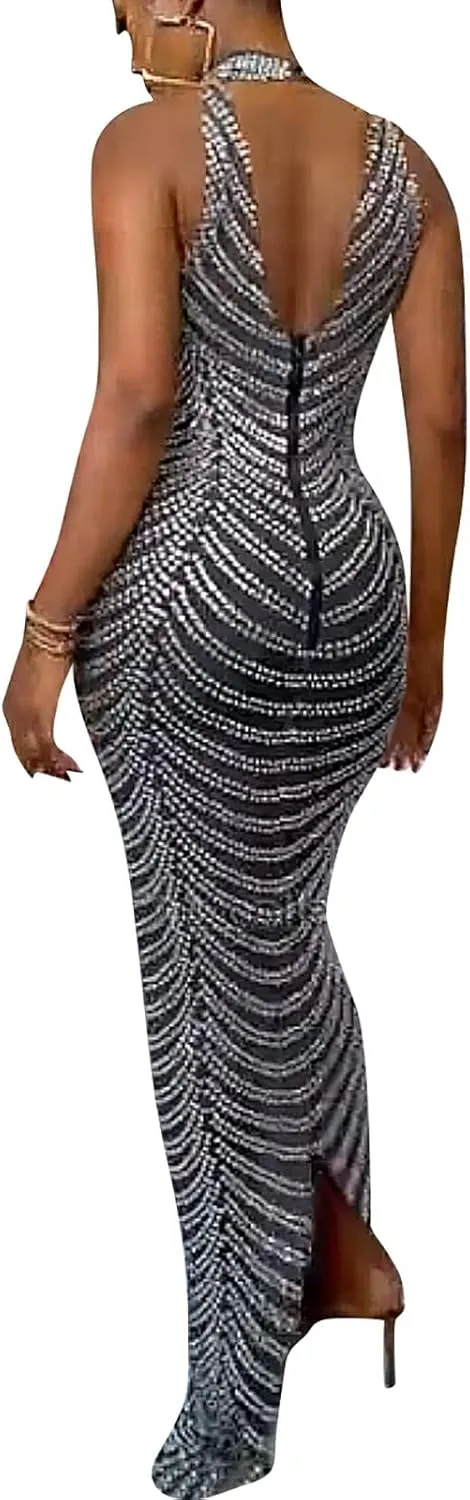 WOKANSE Women Sexy Halter Neck Sleeveless Rhinestone Bodycon Club Backless Maxi Pencil Dress