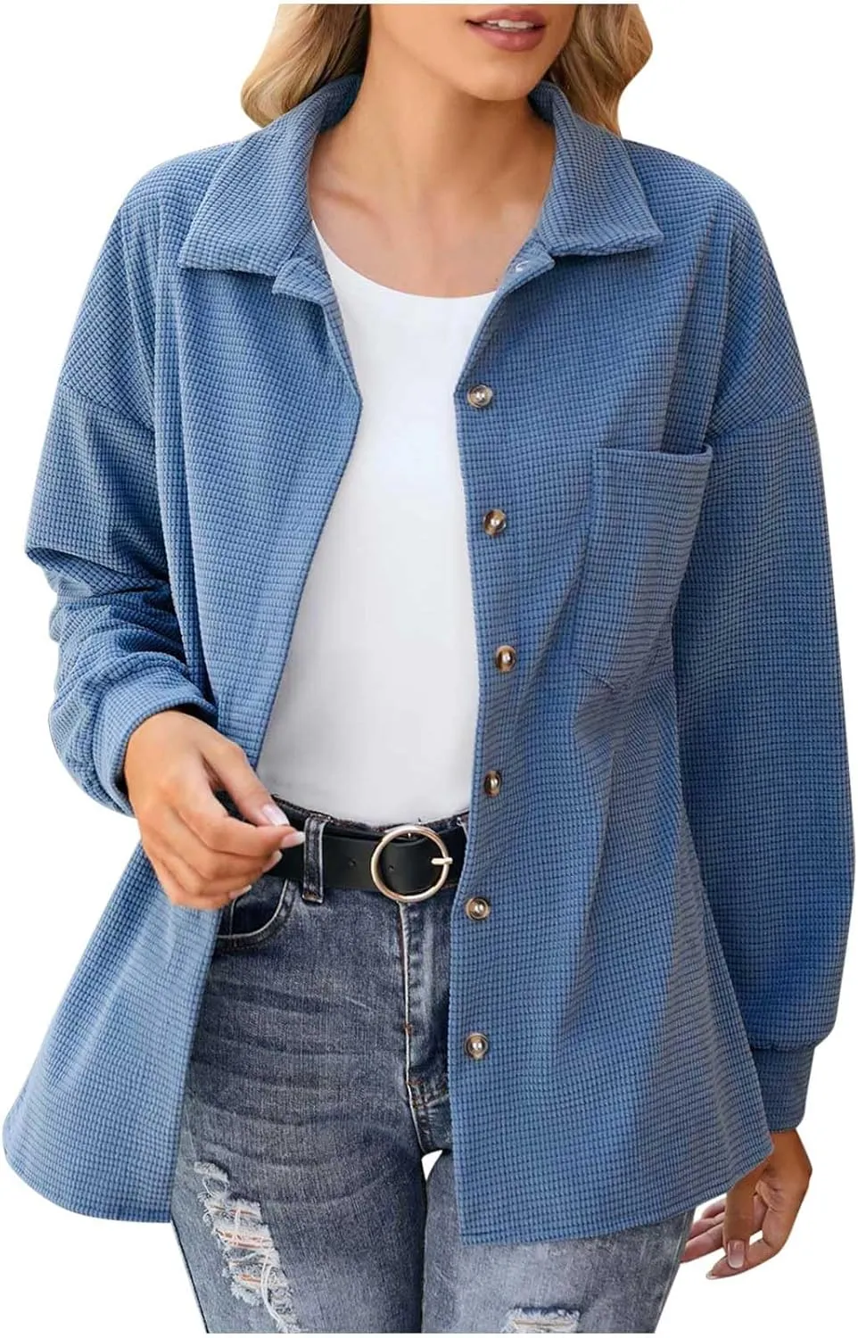 Women 2024 Long Sleeve Button Down Shirts Jacket Casual Cardigan Sweater Loose Soft Coats with Pocket