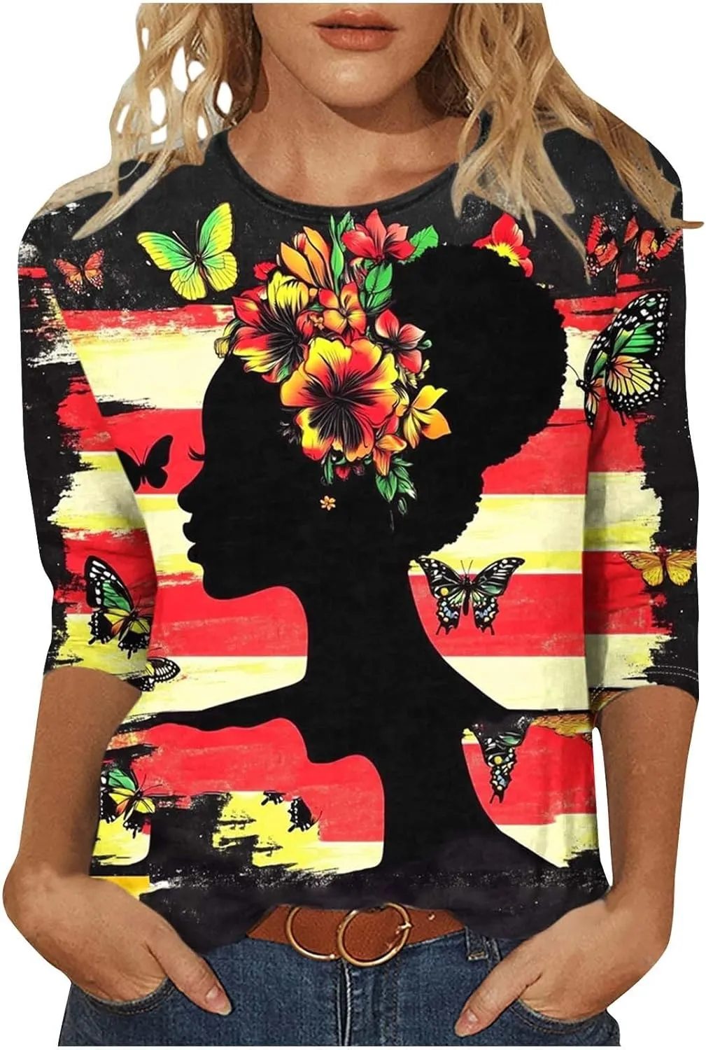 Women Black History Month Shirts African American Pride Crewneck Tunic 3/4 Length Sleeve Tops Plus Size Tees