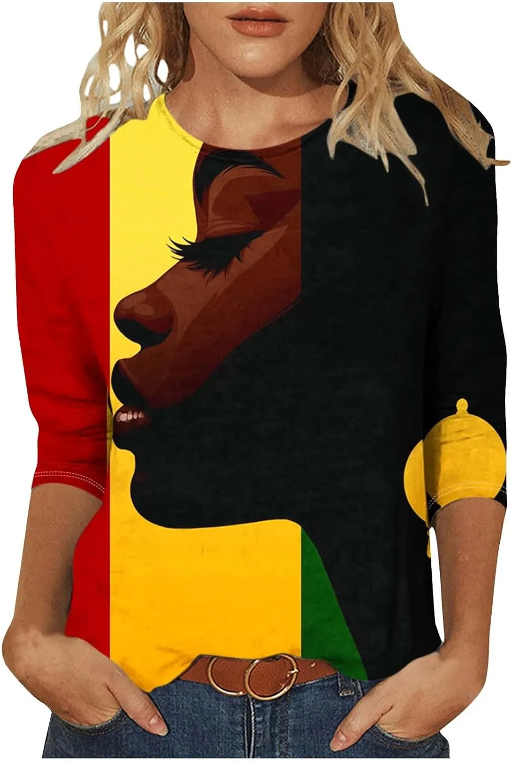 Women Black History Month Shirts African American Pride Crewneck Tunic 3/4 Length Sleeve Tops Plus Size Tees