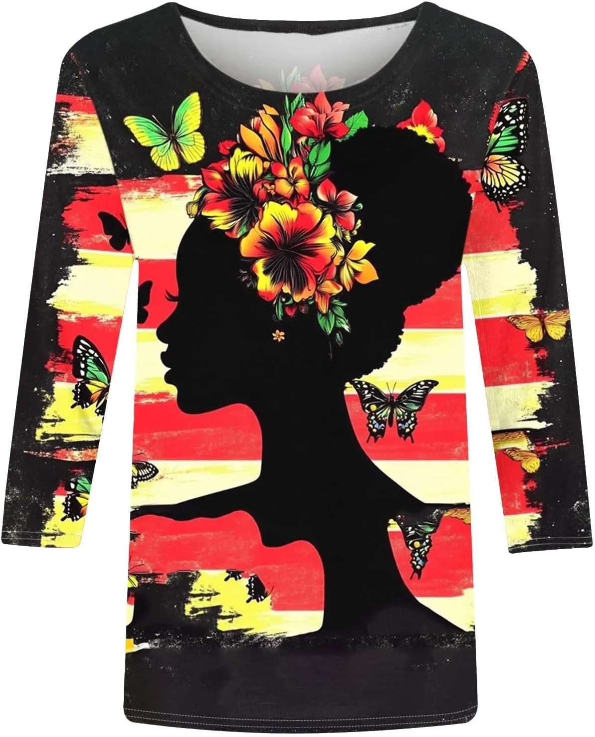 Women Black History Month Shirts African American Pride Crewneck Tunic 3/4 Length Sleeve Tops Plus Size Tees