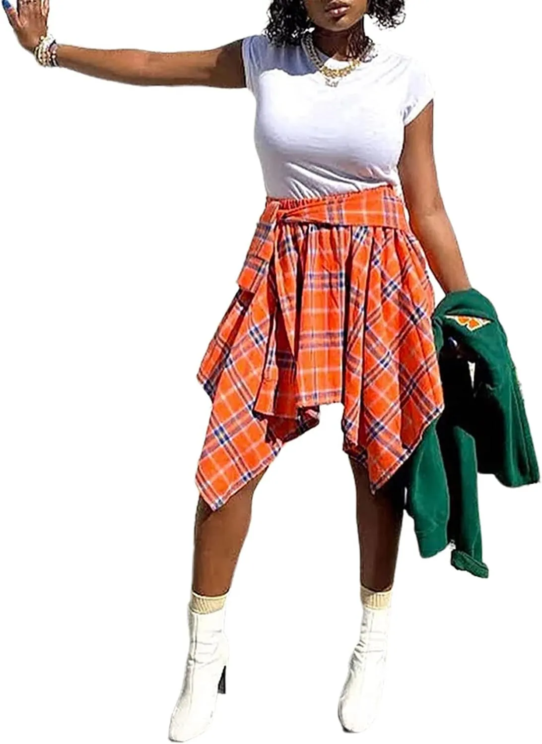 Women Irregular Hem Plaid Skirt High Waist Summer Knot Front Mini Skater Skirt Casual Pleated A Line Short Skirt