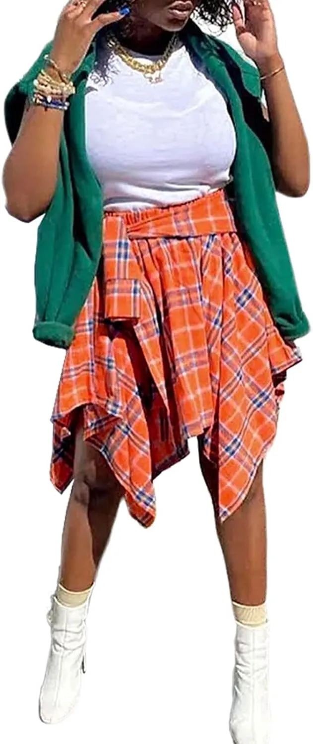 Women Irregular Hem Plaid Skirt High Waist Summer Knot Front Mini Skater Skirt Casual Pleated A Line Short Skirt