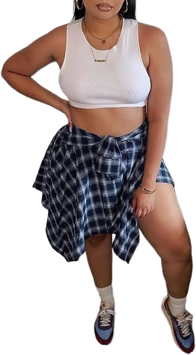 Women Irregular Hem Plaid Skirt High Waist Summer Knot Front Mini Skater Skirt Casual Pleated A Line Short Skirt