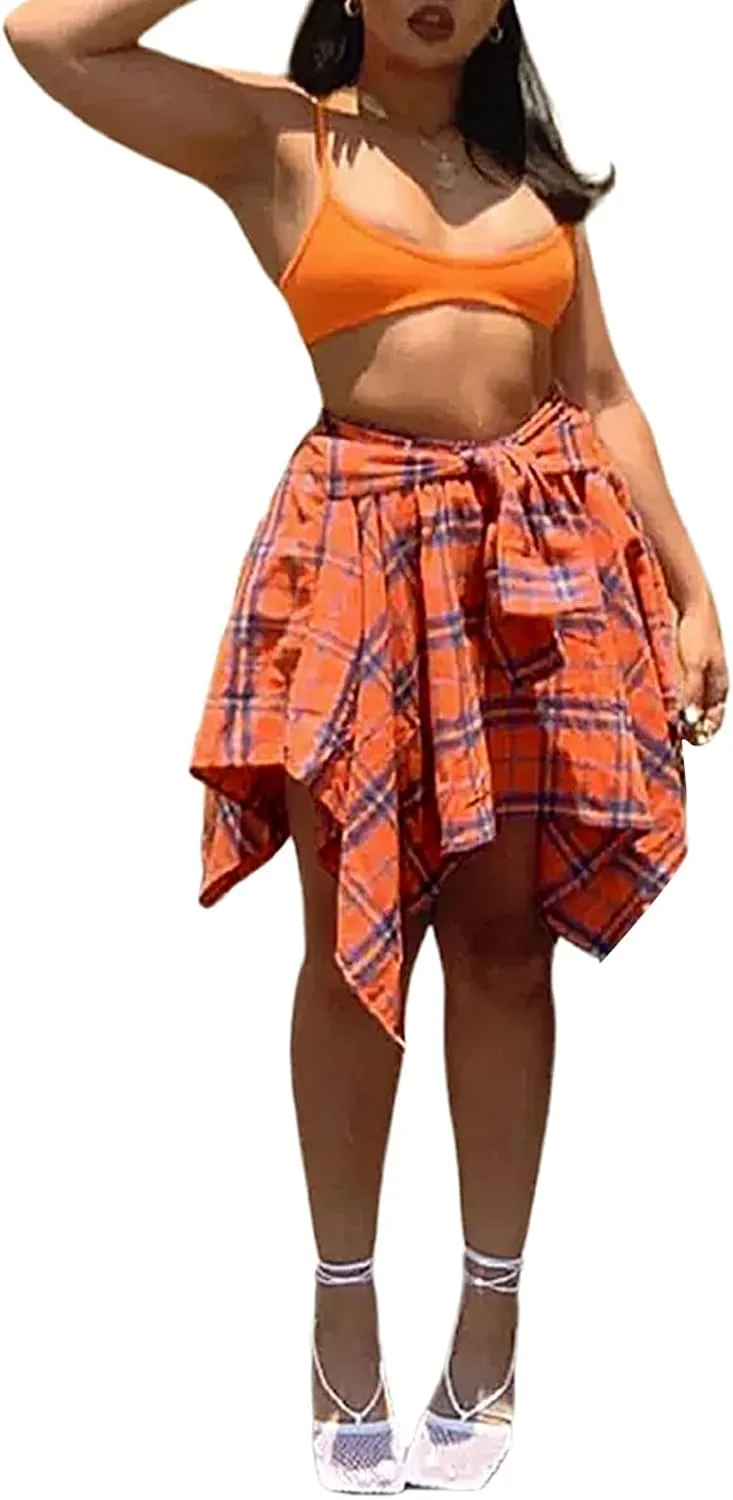 Women Irregular Hem Plaid Skirt High Waist Summer Knot Front Mini Skater Skirt Casual Pleated A Line Short Skirt