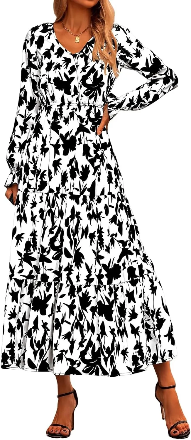 Women Summer Dresses 2025 Floral Print V Neck Long Sleeve Maxi Dress Casual Loose A-Line Flowy Beach Dress