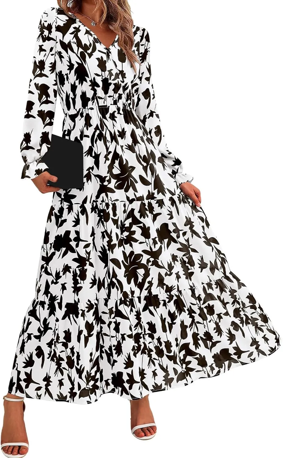 Women Summer Dresses 2025 Floral Print V Neck Long Sleeve Maxi Dress Casual Loose A-Line Flowy Beach Dress