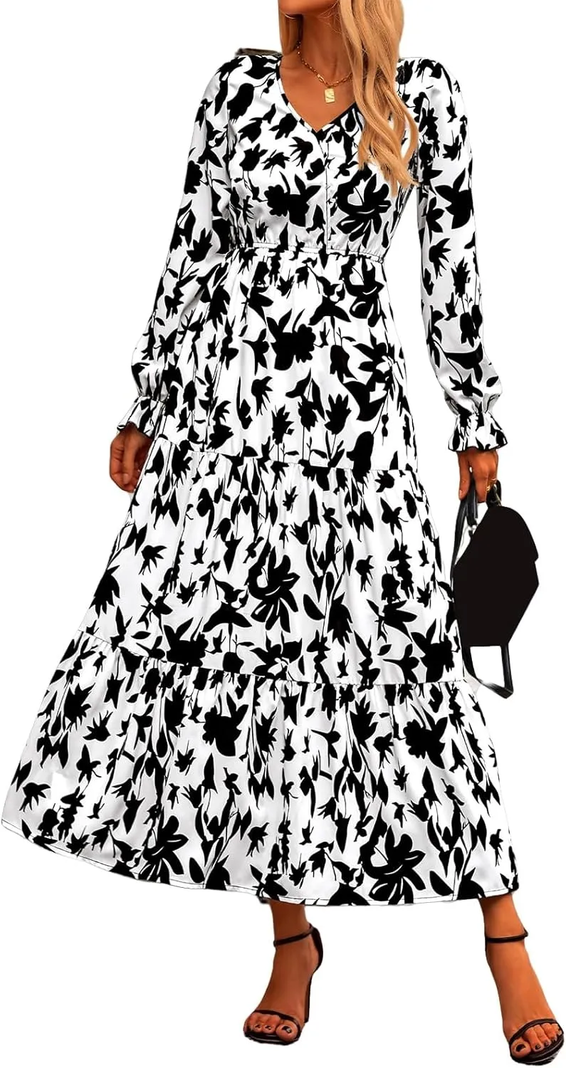 Women Summer Dresses 2025 Floral Print V Neck Long Sleeve Maxi Dress Casual Loose A-Line Flowy Beach Dress