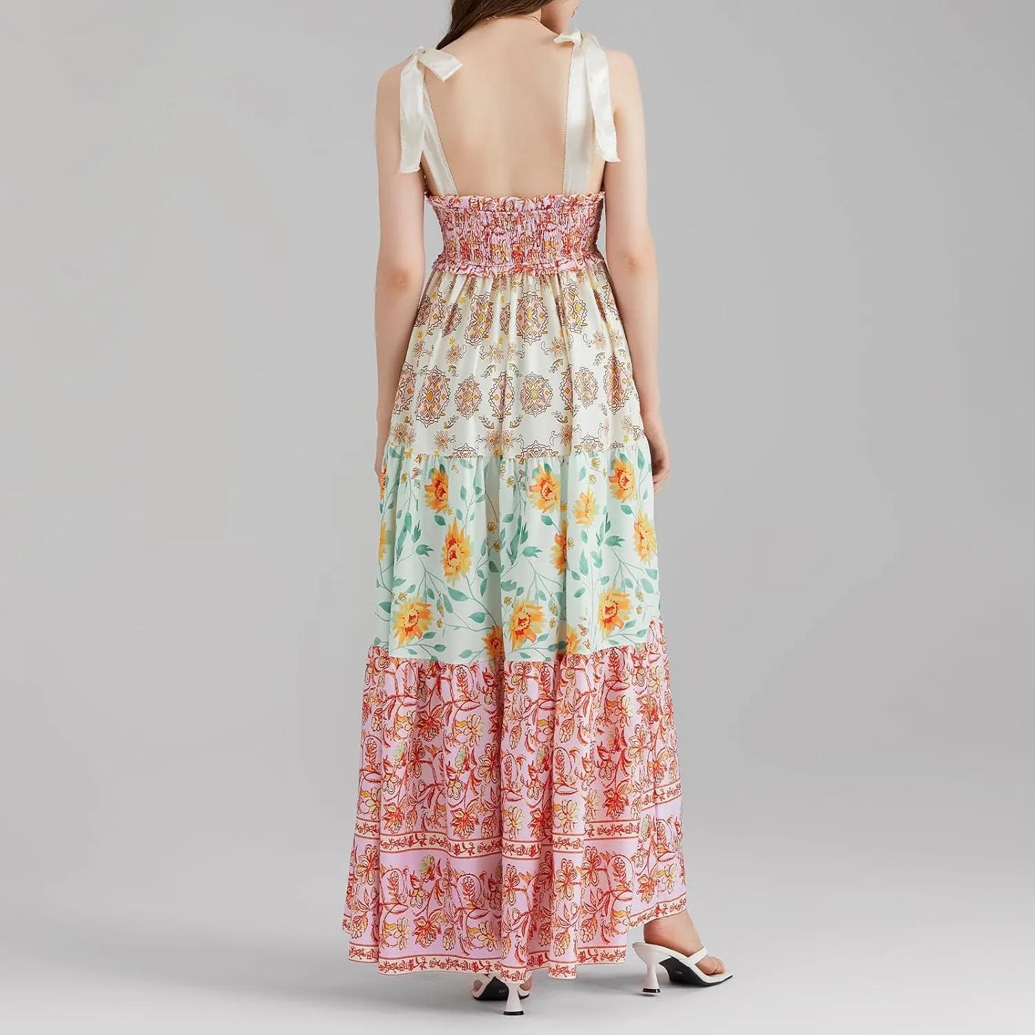 Women Summer Maxi Dress Floral Smocked Shirred Long Dress Boho Sleeveless Tie Shoulder Sundress