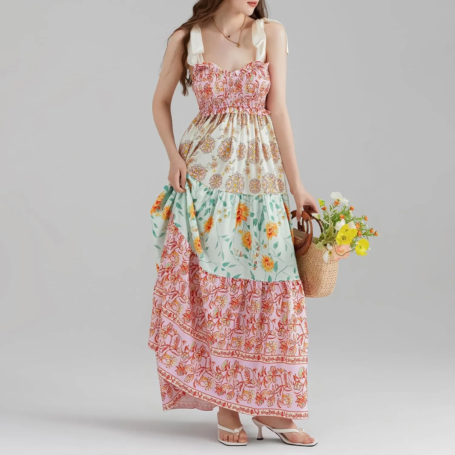 Women Summer Maxi Dress Floral Smocked Shirred Long Dress Boho Sleeveless Tie Shoulder Sundress