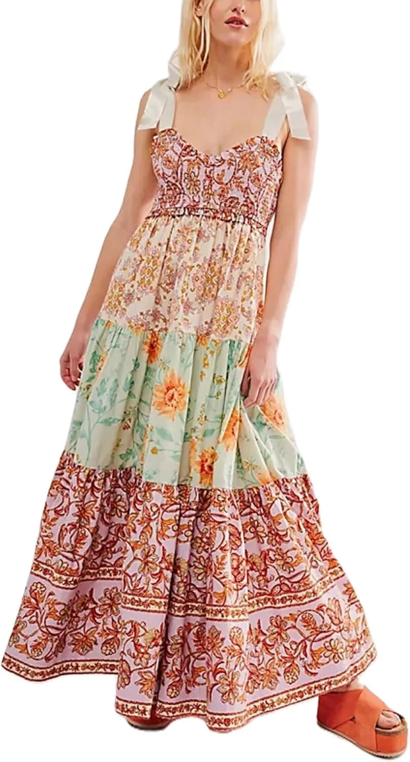 Women Summer Maxi Dress Floral Smocked Shirred Long Dress Boho Sleeveless Tie Shoulder Sundress