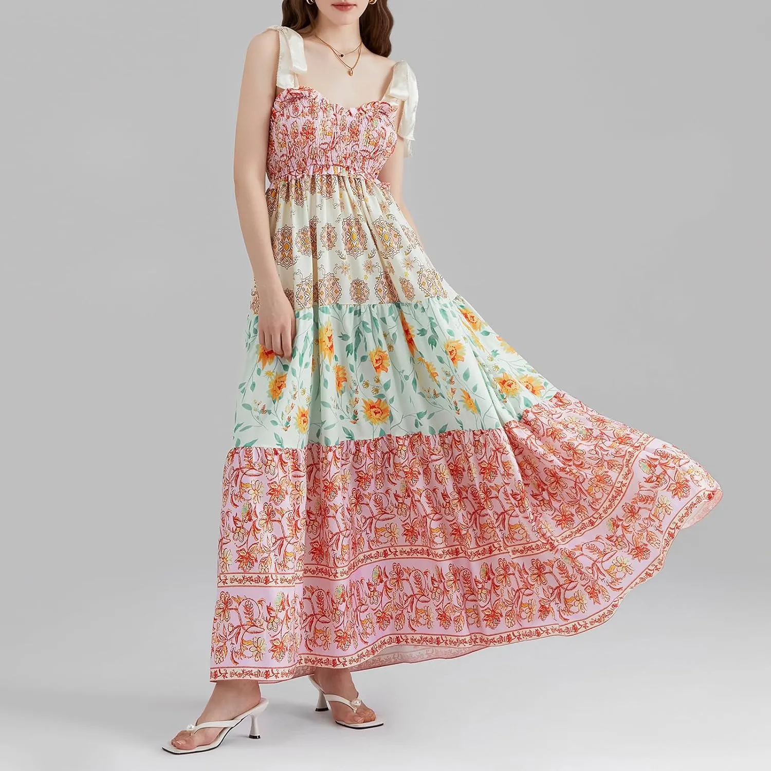 Women Summer Maxi Dress Floral Smocked Shirred Long Dress Boho Sleeveless Tie Shoulder Sundress