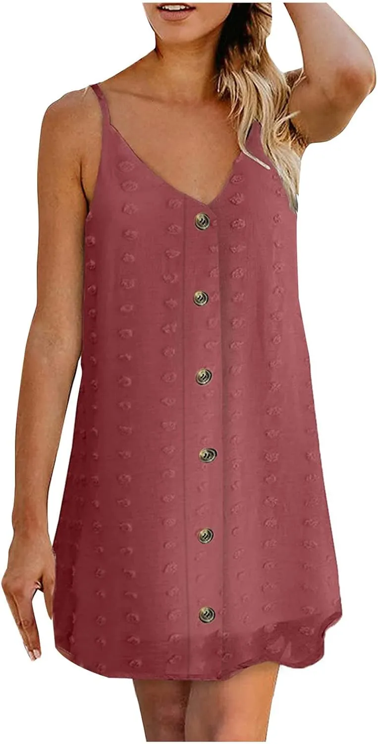 Women Summer Spaghetti Strap Button Down Dress Loose Vintage Printed Shift Dress V Neck Sleeveless Casual Mini Dress