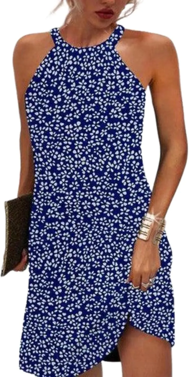 Women's 2025 Summer Fresh Blue Floral Print Chic Halter Sleeveless Casual Shift Fitted Party Wedding Guest Mini Dress