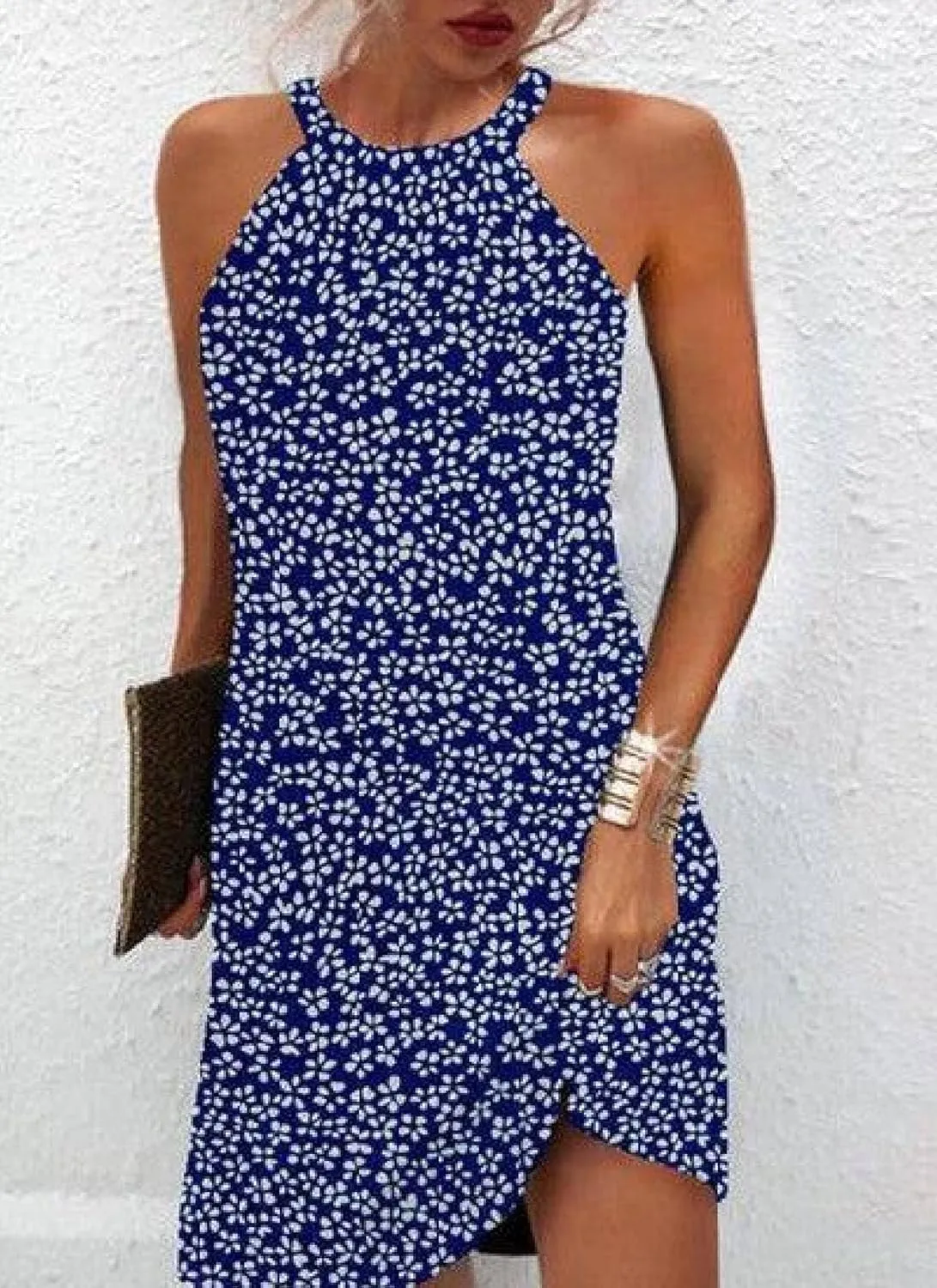 Women's 2025 Summer Fresh Blue Floral Print Chic Halter Sleeveless Casual Shift Fitted Party Wedding Guest Mini Dress