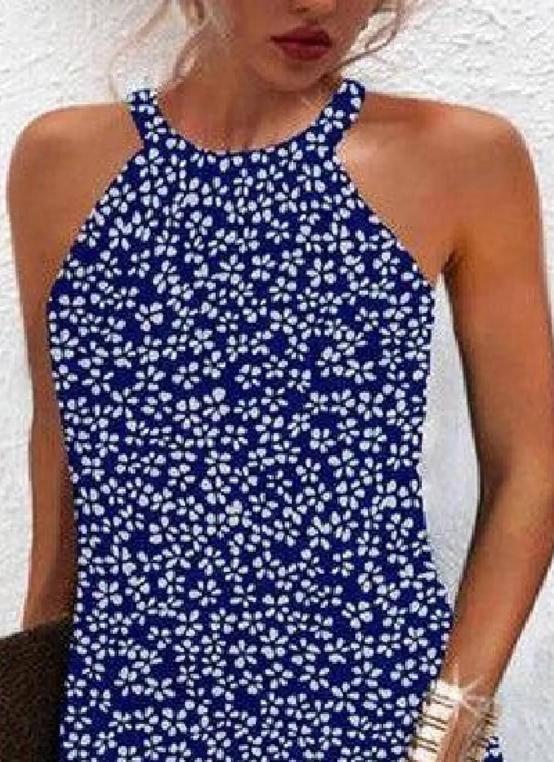 Women's 2025 Summer Fresh Blue Floral Print Chic Halter Sleeveless Casual Shift Fitted Party Wedding Guest Mini Dress
