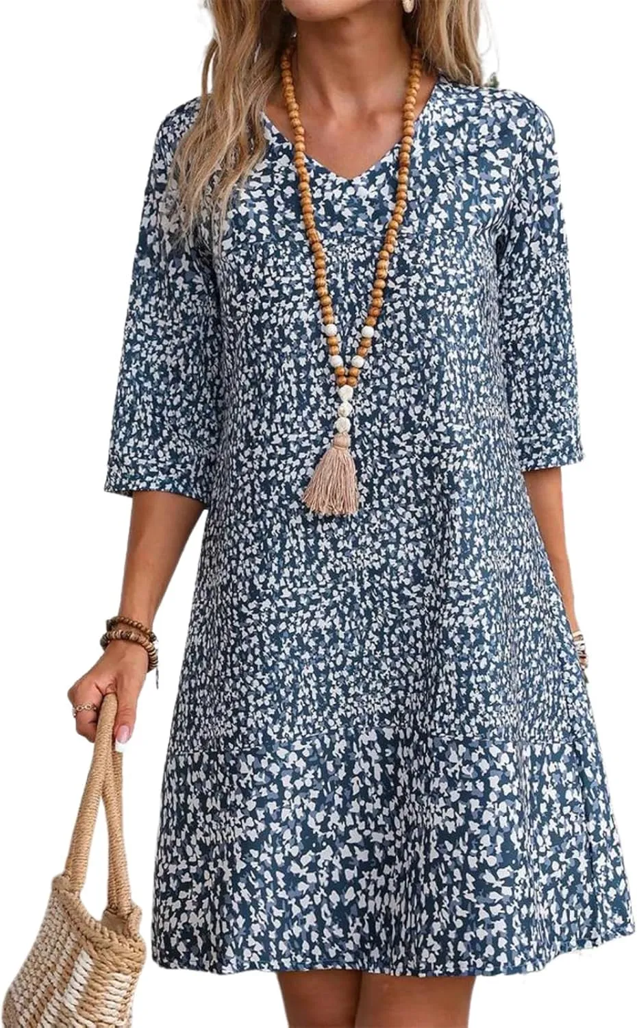 Women's Boho Round Neck Half Sleeve Mini Dress 2025 Spring Summer Elegant Print Shift Beach Vacation Dresses