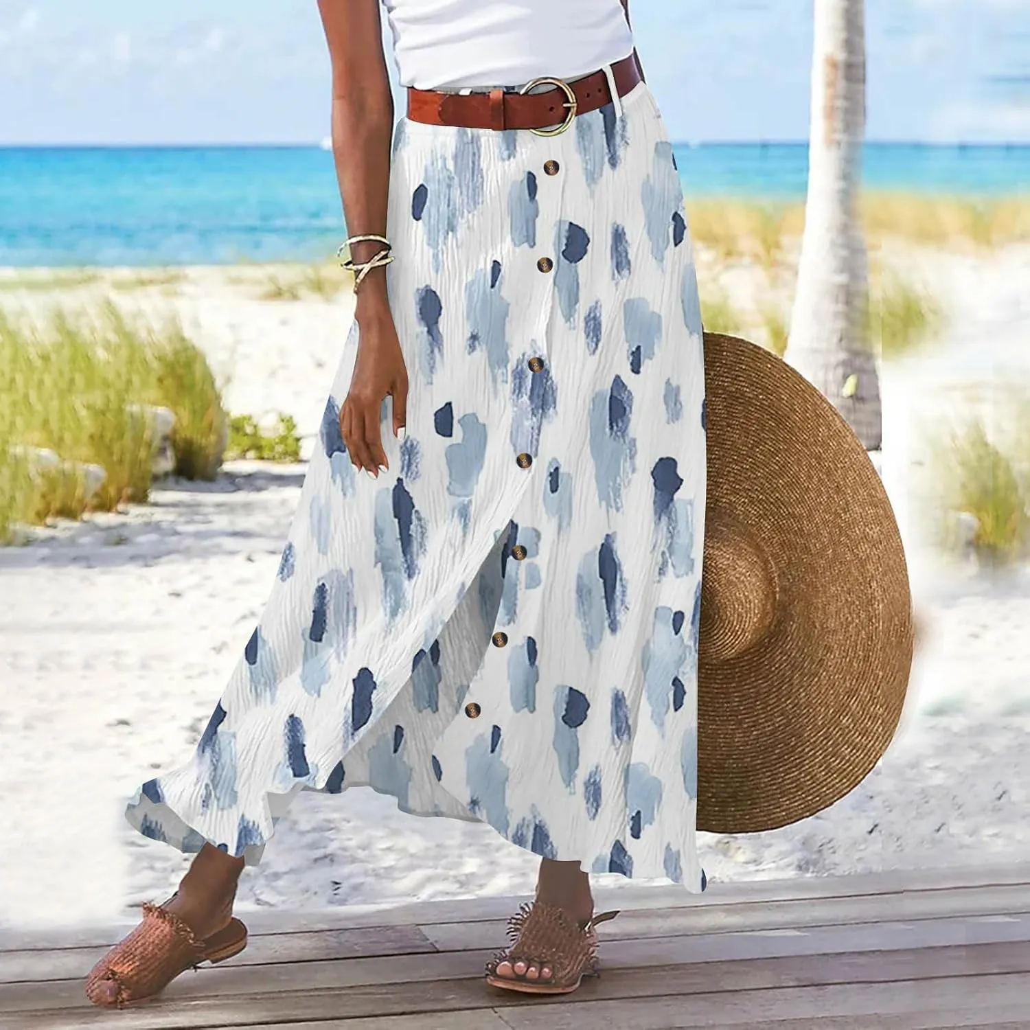 Womens Button Front Maxi Skirt Mid Waist Boho A-Line Summer Cotton Pleated Slit Flowy Swing Long Skirt