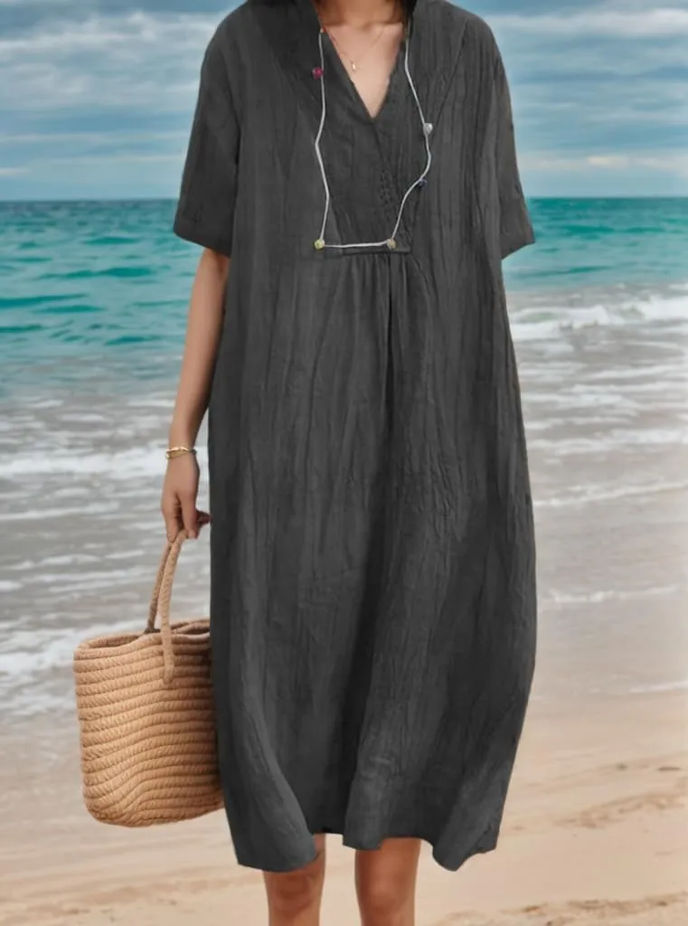 Womens Casual Cotton Linen Short Sleeve V Neck Tshirt Dresses Summer Trendy Oversized Baggy Beach Midi Shift Dress
