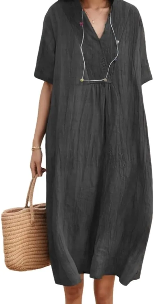 Womens Casual Cotton Linen Short Sleeve V Neck Tshirt Dresses Summer Trendy Oversized Baggy Beach Midi Shift Dress