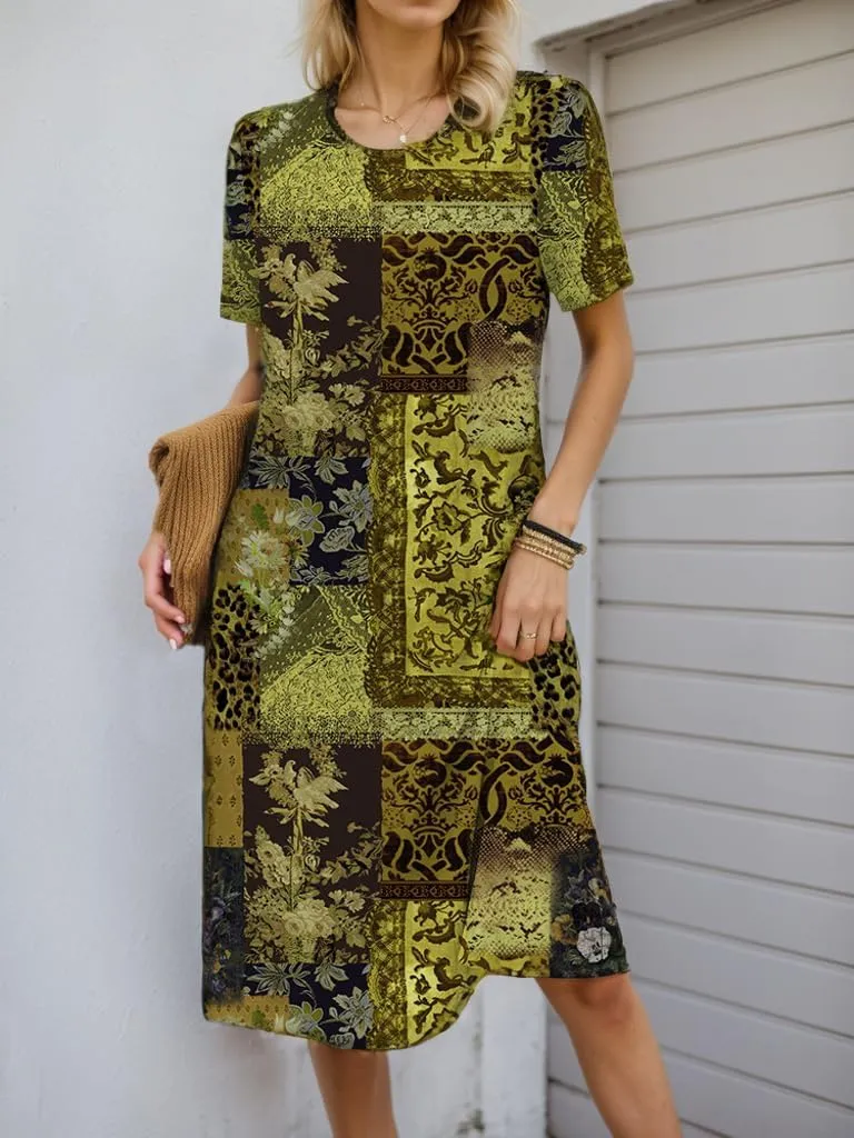 Womens Casual Short Sleeve Floral Boho Summer Dresses Casual Crewneck Elegant Midi Dresses Flowy Vacation Shift Dress